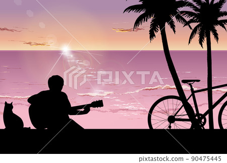 日落海中彈吉他的人的剪影 日落海中彈吉他的人的剪影 90475445
