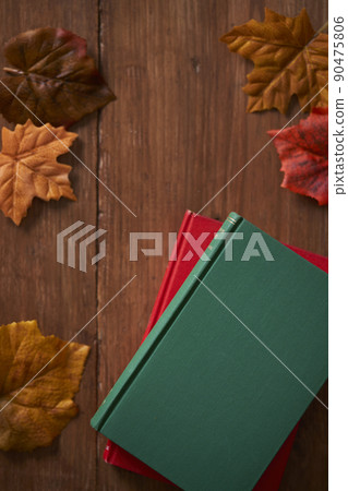 秋季閱讀圖像書籍和落葉 90475806