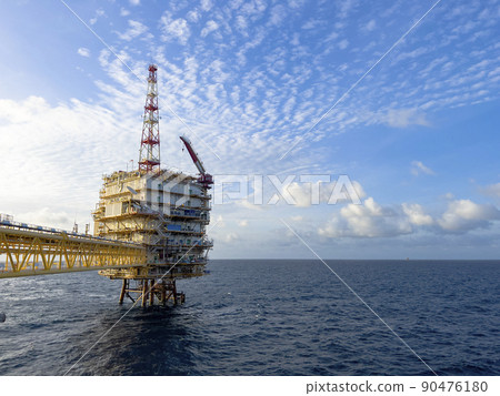 Offshore construction platform for production oil and gas. Oil and gas industry and hard work. Production platform and operation process by manual and auto function from control room. Offshore construction platform for production oil and gas. Oil and gas industry and hard work. Production platform and operation process by manual and auto function from control room. 90476180