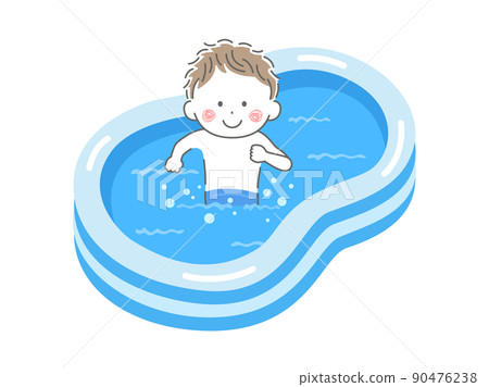 Illustration of a boy in a swimsuit playing in a home vinyl pool 90476238