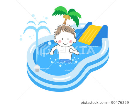 Illustration of a boy in a swimsuit, for children at home, playing in a vinyl pool with slides 90476239