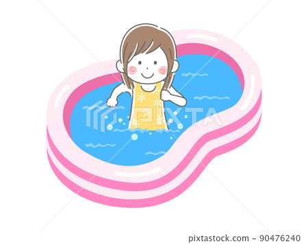 Illustration of a girl in a swimsuit playing in a home vinyl pool 90476240