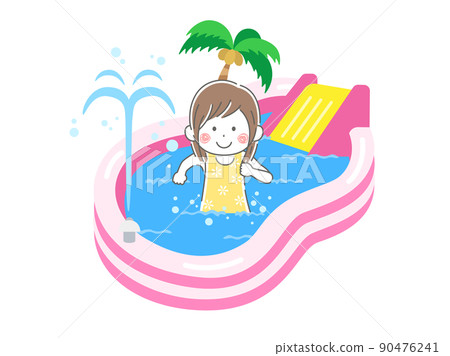 Illustration of a girl in a swimsuit, for children at home, playing in a vinyl pool with slides 90476241