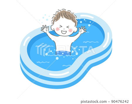 一個穿著泳裝的男孩在家庭乙烯基游泳池中玩耍的插圖 90476242