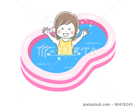 一個穿著泳裝的女孩在家庭乙烯基游泳池中玩耍的插圖 90476243