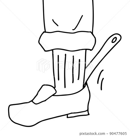 Line drawing illustration of the scene of wearing shoes using a shoehorn Line drawing illustration of the scene of wearing shoes using a shoehorn 90477605