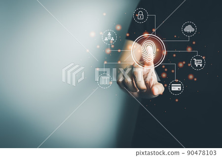 Person touching screen to fingerprint scanner, security access information, big data management concept, Internet of things, cloud computing, internet connection, shopping online and cashless society. 90478103