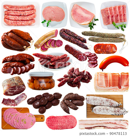 Collage of sausages and deli meats isolated on white Collage of sausages and deli meats isolated on white 90478113