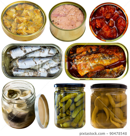 Collection of canned goods isolated on white Collection of canned goods isolated on white 90478548