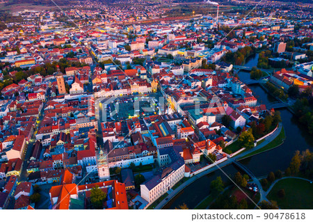 Night aerial view of historic centre of Ceske Budejovice.  90478618