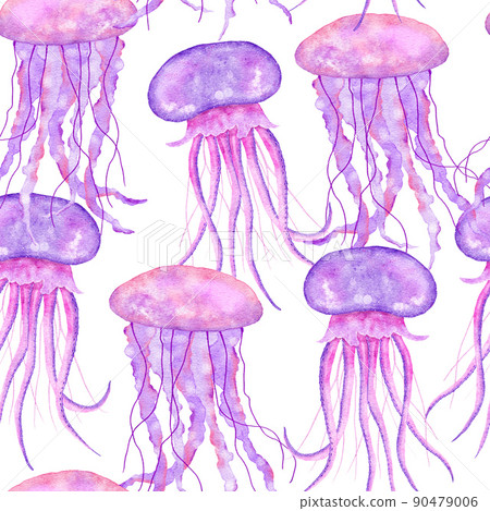 Watercolor hand drawn seamless pattern with underwater marine nautical animals shells fish. Purple blue seahorse seaweed jellyfish, ocean sea summer vacation beach background, turquoise fabric print. 90479006