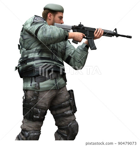 Soldier with a machine gun isolated white background 3d illustration 90479073