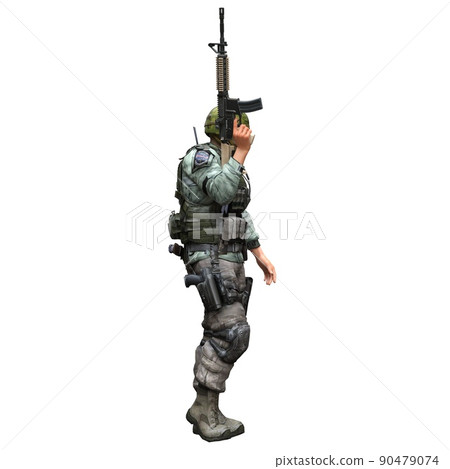 Soldier with a machine gun isolated white background 3d illustration 90479074