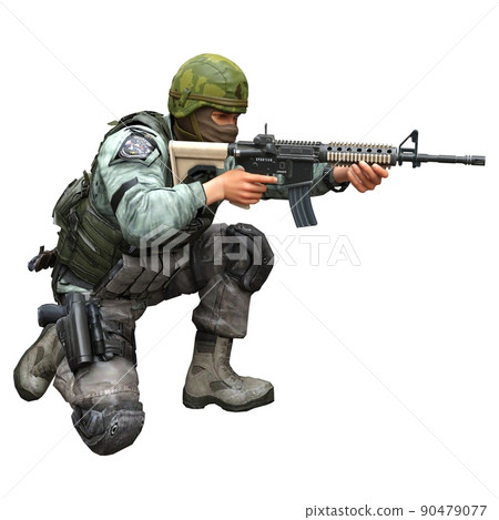 Soldier with a machine gun isolated white background 3d illustration 90479077