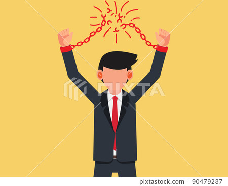 Confident and angry business man breaking chain shackle handcuffs. 90479287