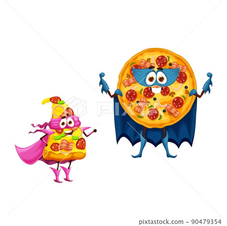 Cartoon funny pizza superhero characters, fast food super hero defender, vector kids personage. Cute pizza with salami and mushrooms as super hero guardian and rescue ranger in mask and power cape Cartoon funny pizza superhero characters, fast food super hero defender, vector kids personage. Cute pizza with salami and mushrooms as super hero guardian and rescue ranger in mask and power cape 90479354