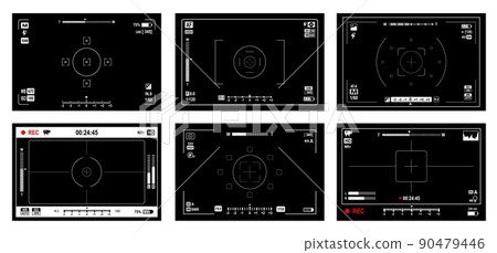Video and photo camera viewfinder screen, display frames of video focus, zoom and shutter, vector grid. Viewfinder preview screen of camera record or photo capture view finder UI black interface Video and photo camera viewfinder screen, display frames of video focus, zoom and shutter, vector grid. Viewfinder preview screen of camera record or photo capture view finder UI black interface 90479446