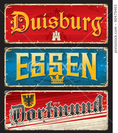 Dortmund, Duisburg, Essen German city travel stickers and plates, vector luggage tags. Germany cities tin signs and travel plate signs with landmark symbols and German state emblems Dortmund, Duisburg, Essen German city travel stickers and plates, vector luggage tags. Germany cities tin signs and travel plate signs with landmark symbols and German state emblems 90479465