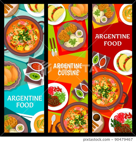 Argentine cuisine meals vertical banners. Meat pie Empanadas, veal shank Osso Buco and Chorizo sandwich Choripan, soup Locro, pork chop Milanese and meat stew Guiso, Cookie churros 90479467