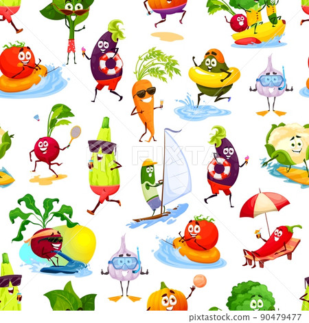 Cartoon vegetable personages on summer beach vacation on seamless pattern. Wrapping paper decor, vector fabric print with carrot, cucumber and tomato, radish, garlic and zucchini funny characters 90479477