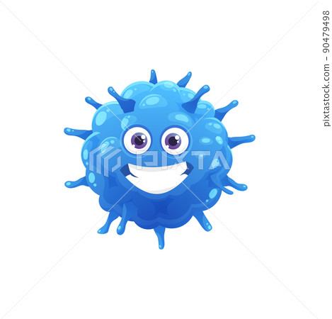 Cartoon funny virus or microbe character. Blue bacteria, microorganism cute smiling mascot, happy smiling germ cell biology and healthcare isolated vector character or personage 90479498