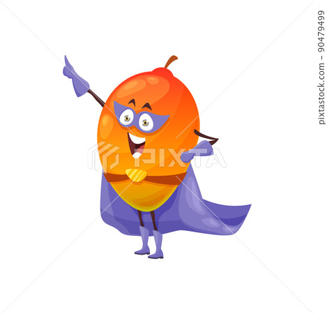 Cartoon mango fruit superhero character, vector super hero personage in cape and mask stand with raised arm. Funny cheerful fairytale healthy food, brave tropical mango ready for adventure feat 90479499