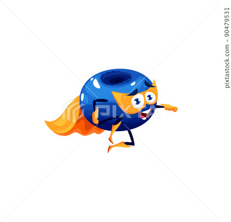 Funny blueberry flying character, cartoon bilberry superhero. Isolated vector berry super hero personage in cape, boots, gloves and mask fly with raised arm. Fairytale whortleberry with big eyes Funny blueberry flying character, cartoon bilberry superhero. Isolated vector berry super hero personage in cape, boots, gloves and mask fly with raised arm. Fairytale whortleberry with big eyes 90479531