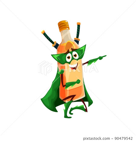 Cartoon mezcal ninja defender, mexican tequila superhero character. Isolated vector super hero bottle in green cape, boots, gloves and mask with ninjato swords on back. Funny alcohol drink personage Cartoon mezcal ninja defender, mexican tequila superhero character. Isolated vector super hero bottle in green cape, boots, gloves and mask with ninjato swords on back. Funny alcohol drink personage 90479542