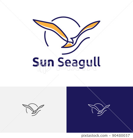 Sun Seagull Bird Flying Sea Beach Bay Nature line Logo 90480037