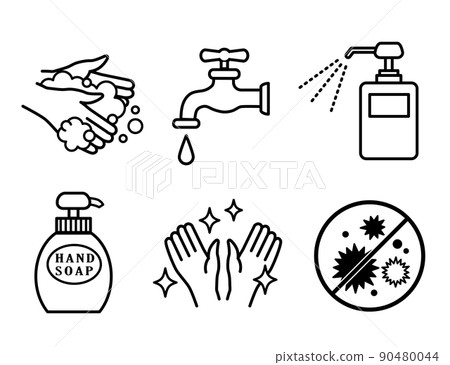 Assorted illustration icons for hand washing and disinfection 90480044