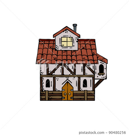 European Medieval house. Village building. Old house with chimney. Cartoon retro illustration. 90480256