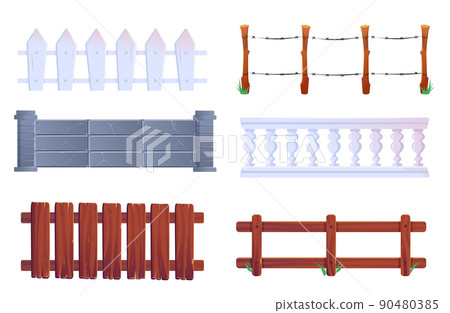 Fence, vector wooden and stone railings, palisade Fence, vector wooden and stone railings, palisade 90480385