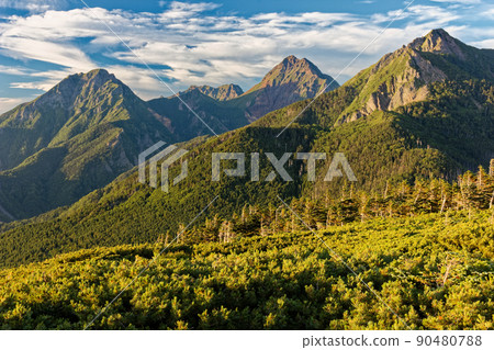 從八嶽山脈和阿米笠山看到的黃昏中的赤山、阿彌陀山和權現山 從八嶽山脈和阿米笠山看到的黃昏中的赤山、阿彌陀山和權現山 90480788