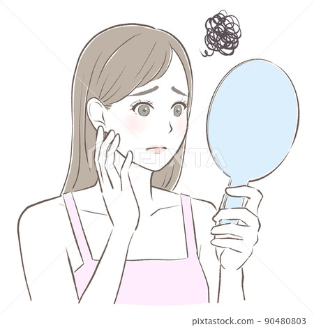 A woman suffering from skin problems looking at a hand mirror A woman suffering from skin problems looking at a hand mirror 90480803