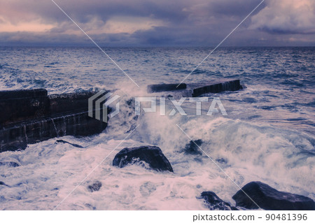 Black Sea in rainy stormy weather at sunset in Alupka, Crimea 90481396