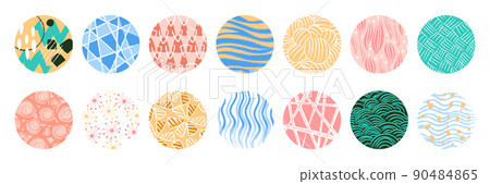 Abstract circles. Old discs with texture of hand drawn doodles. Line ornaments. Scrapbook patterned shapes. Paint brush strokes. Isolated social media icons collection. Vector retro round figures set 90484865