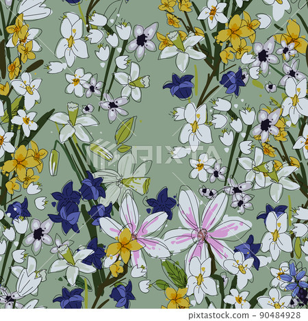 Seamless floral pattern. Vector ahand drawn flowers and leaves. Botanical sketchy illustration Seamless floral pattern. Vector ahand drawn flowers and leaves. Botanical sketchy illustration 90484928