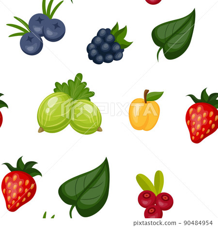 Berry pattern. Cartoon print with juicy fruits of plants and leaves. Organic retro background for healthy dessert and smoothie. Vintage sweet jam label. Vector natural vitamin food seamless texture Berry pattern. Cartoon print with juicy fruits of plants and leaves. Organic retro background for healthy dessert and smoothie. Vintage sweet jam label. Vector natural vitamin food seamless texture 90484954