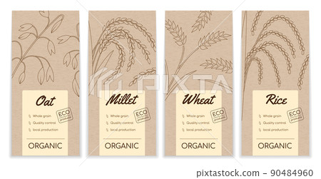Farm food package. Craft label with rice, millet and oat. Wheat grain. Packaging paper tag with buckwheat for organic bio kernel products. Plant branches and seeds. Vector background templates set Farm food package. Craft label with rice, millet and oat. Wheat grain. Packaging paper tag with buckwheat for organic bio kernel products. Plant branches and seeds. Vector background templates set 90484960