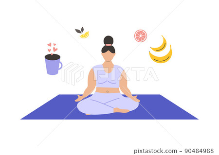 Yoga woman. Female character meditation sitting on mat, tea and healthy food above, active girl in sport uniform, home or gym training, minimal style vector cartoon flat isolated on white illustration Yoga woman. Female character meditation sitting on mat, tea and healthy food above, active girl in sport uniform, home or gym training, minimal style vector cartoon flat isolated on white illustration 90484988