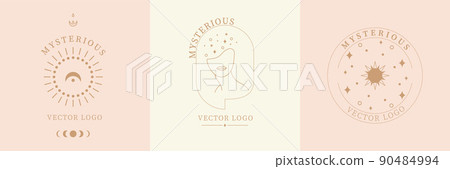 Mystic astrology set. Hand drawn magic vintage sign, esoteric cult fairy design. Woman line face with moon sun and stars, space objects. Minimal female cards or posters. Vector abstract zodiac symbols 90484994