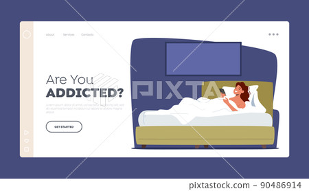 Gadget Addiction Landing Page Template. Female Character Relax in Bed with Phone, Chatting with Friends, Communicate 90486914