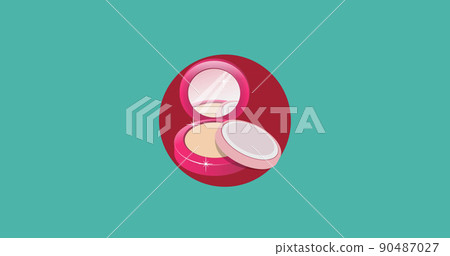 Image of pink compact face powder makeup over pink circle on blue background Image of pink compact face powder makeup over pink circle on blue background 90487027