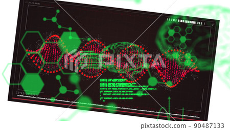 Image of scientific data processing over dna strand spinning Image of scientific data processing over dna strand spinning 90487133