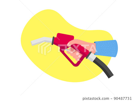 Hand holding a red fuel pump. Holding fuel nozzle. Gas for automobile. Hand holding a red fuel pump. Holding fuel nozzle. Gas for automobile. 90487731