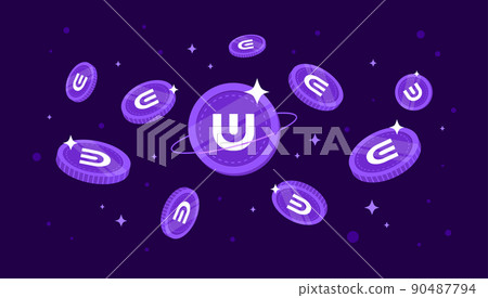 Ultra (UOS) coins falling from the sky. UOS cryptocurrency concept banner background. Ultra (UOS) coins falling from the sky. UOS cryptocurrency concept banner background. 90487794