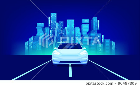 Future city with automobile drive road. On the road behind the city, an electric automobile was running. 90487809