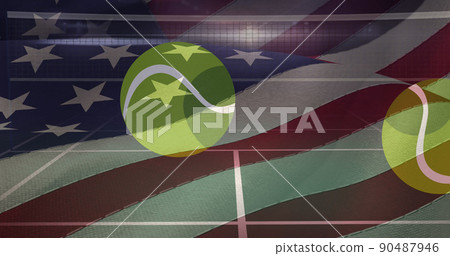 Waving american flag over multiple tennis balls falling against tennis court Waving american flag over multiple tennis balls falling against tennis court 90487946