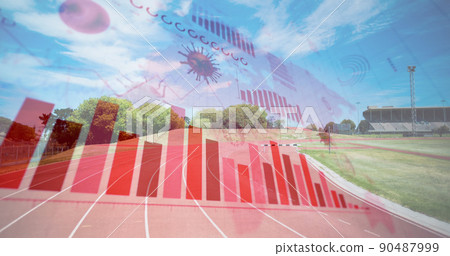 Coronavirus digital interface against empty sports field 90487999