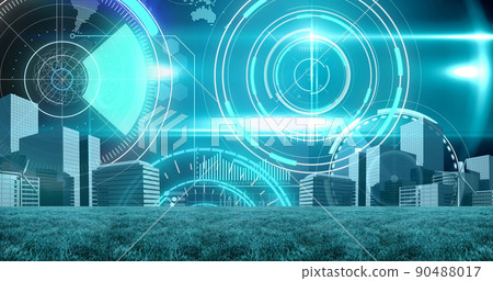 Image of scopes scanning and data processing over pitch in sports stadium Image of scopes scanning and data processing over pitch in sports stadium 90488017